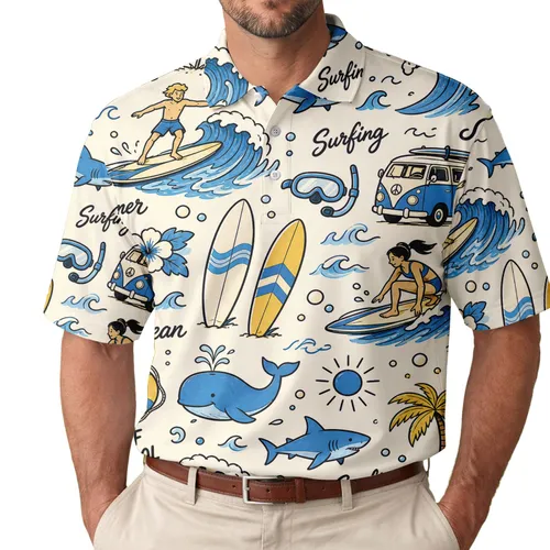 Surf School Beach Icons For Summer Vacation, Beach Parties And Coastal Weekend Wear Men's Polo Shirt
