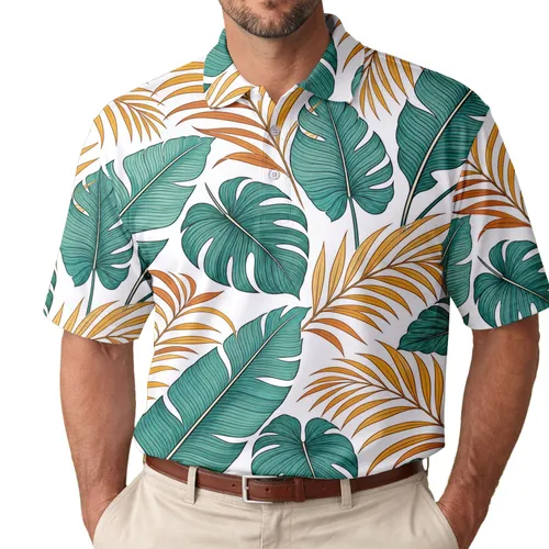 Teal And Golden Tropical Leaves For Beach Vacations Resort Parties And Summer Days Men's Polo Shirt