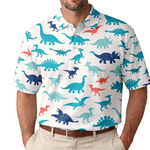 Colorful Dinosaur Silhouettes for Beach Vacations Golf Days and Casual Resort Wear Men's Polo Shirt
