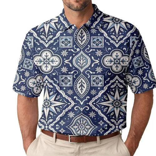 Indigo Geometric Floral Medallions For Summer Coastal Resort Casual Wear For Men Men's Polo Shirt