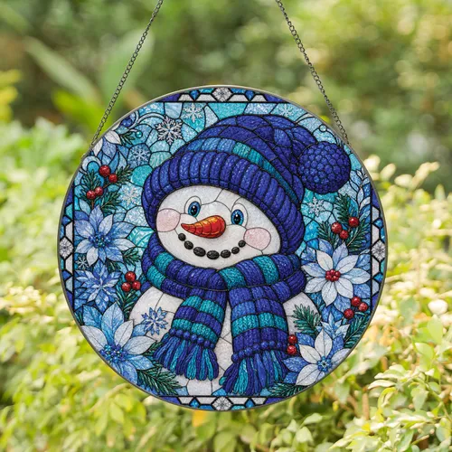 Stained Glass Snowman Winter Wreath Window Decor for Christmas Holiday Home Gift Stained Glass Suncatcher