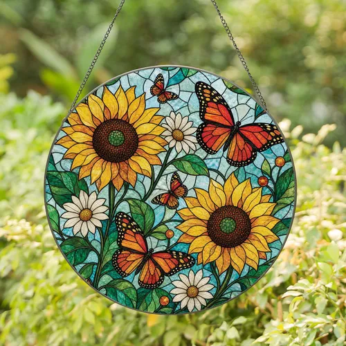 Butterfly Sunflower Stained Glass Garden Window Decor For Botanical Nature Lovers Stained Glass Suncatcher