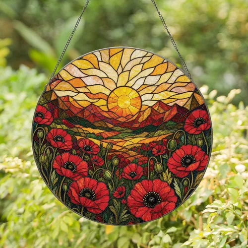 Red Poppy Sunset Mountain Stained Glass Window Decor for Home and Garden Enthusiasts Stained Glass Suncatcher