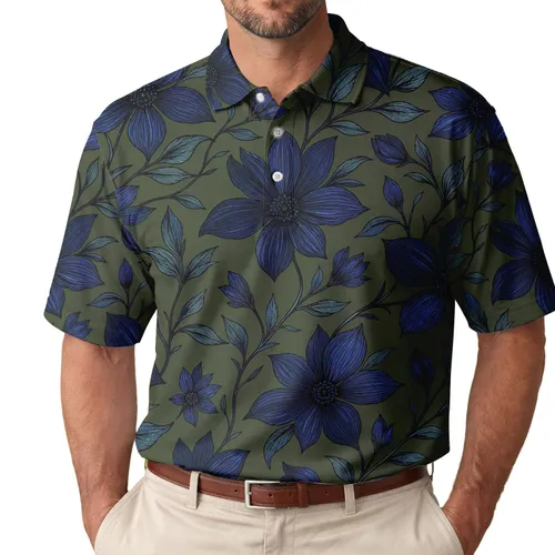 Blue Wildflower Botanical Army Olive For Golf Beach Parties And Everyday Wear Men Men's Polo Shirt