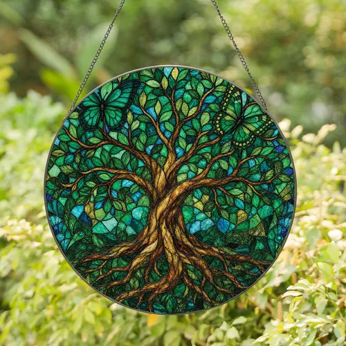 Stained Glass Tree Of Life With Green Butterflies For Meditation And Garden Decor Stained Glass Suncatcher