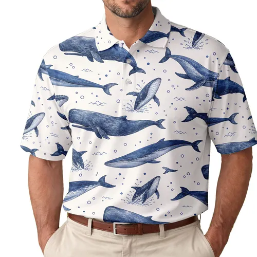Blue Whale Ocean Bubble Coastal Casual Wear For Beach Vacation And Everyday Summer Style Men's Polo Shirt