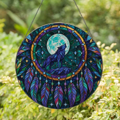 Howling Blue Wolf Dreamcatcher Stained Glass Decor For Moonlit Home And Gift Giving Stained Glass Suncatcher