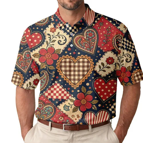 Colorful Folk Hearts Florals Paisley For Summer Parties And Casual Weekend Outings Men's Polo Shirt
