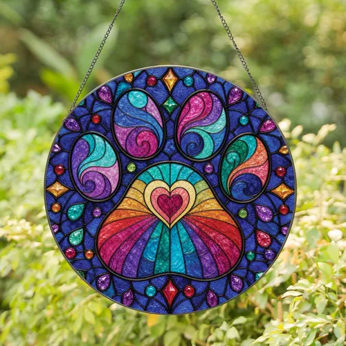 Colorful Stained Glass Paw With Heart Accent for Pet Lover Home Window Decor Gift Stained Glass Suncatcher