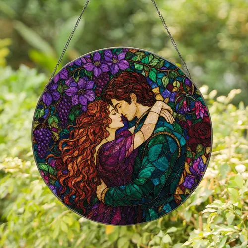 Romantic Stained Glass Embracing Couple in Summer Garden for Anniversary Wedding Gift Stained Glass Suncatcher