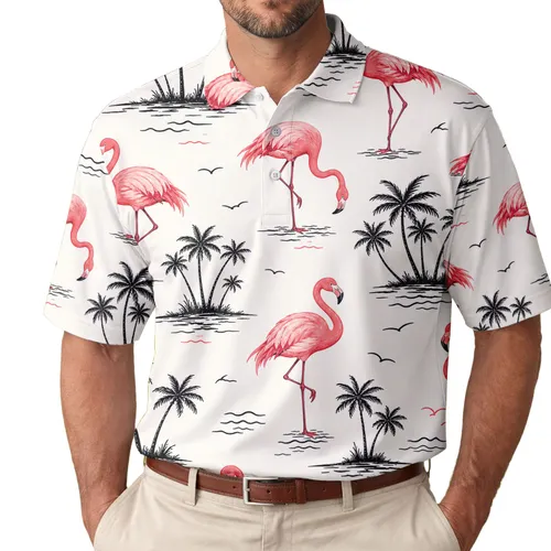 Coral Flamingos And Palm Islands For Tropical Resort Vacations And Beach Getaways Men's Polo Shirt