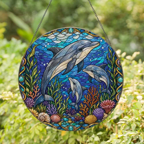 Dolphin Stained Glass Ocean Window Decor for Coastal Home and Marine Life Lovers Stained Glass Suncatcher