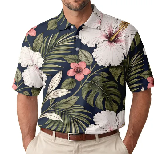 Navy Hibiscus Tropical Floral Resort Style For Beach Vacation And Summer Casual Wear Men's Polo Shirt