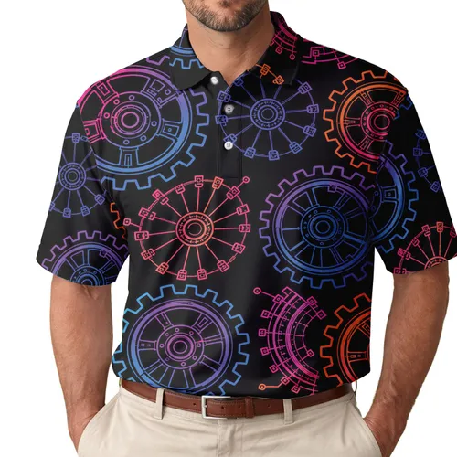 Neon Bicycle Sprocket Wheel Motifs For Cycling Festivals And Urban Streetwear Fans Men's Polo Shirt