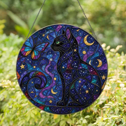 Galaxy Black Cat And Butterfly Stained Glass Decor For Celestial Home Gift Giving Stained Glass Suncatcher