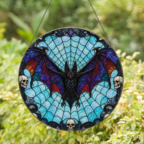 Gothic Stained Glass Bat With Spiderweb For Halloween Window Decor And Gothic Homes Stained Glass Suncatcher