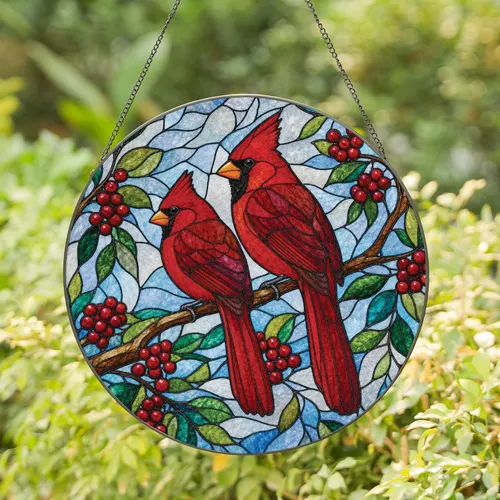 Pair Of Red Cardinals Stained Glass Window Decor for Christmas Gifts for Bird Lovers Stained Glass Suncatcher