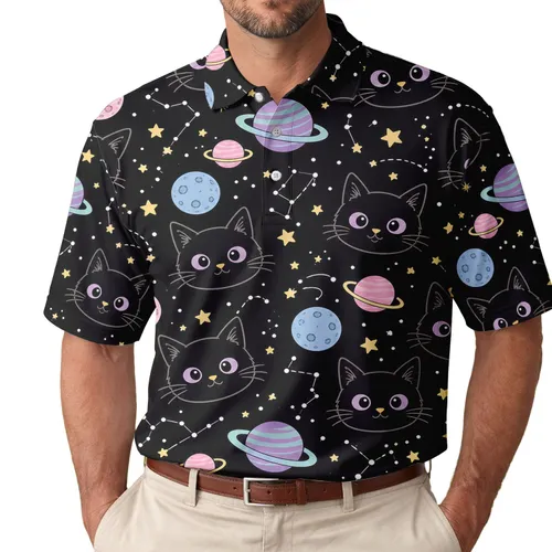 Cosmic Black Cat Space Stars And Planets Casual Summer Vacation Party Gift For Cat Lovers Men's Polo Shirt