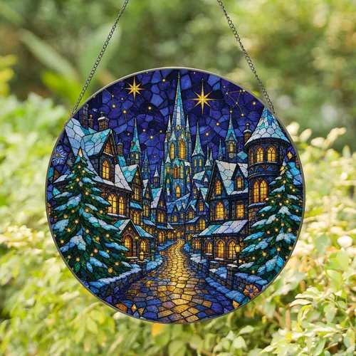 Stained Glass Winter Village Night Scene for Christmas Home Decor and Housewarming Gifts Stained Glass Suncatcher