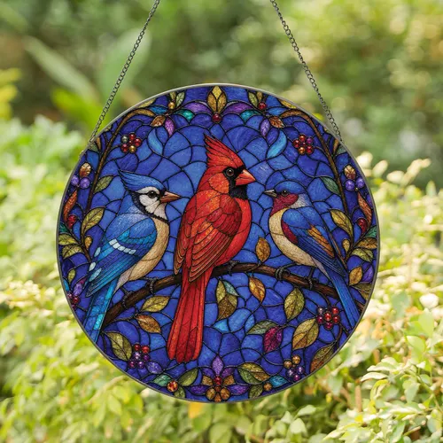 Cardinal And Blue Jay Stained Glass Window Decor For Bird Lovers And Housewarming Stained Glass Suncatcher