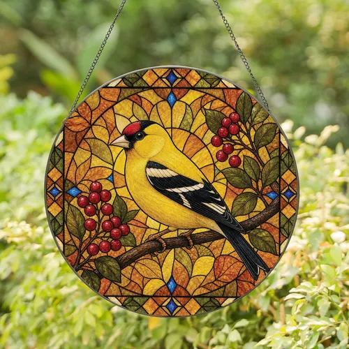 Goldfinch Stained Glass Autumn Window Decor for Bird Lovers and Seasonal Home Styling Stained Glass Suncatcher