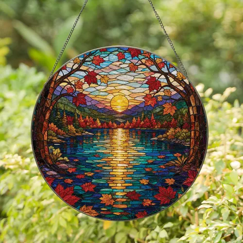 Autumn Lake Stained Glass Sunset Window Decor for Cozy Home, Garden, and Patio Spaces Stained Glass Suncatcher