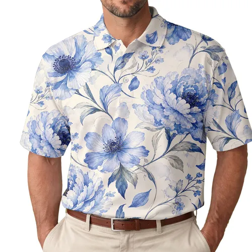 Blue Watercolor Anemone Peony Garden For Summer Beach Vacation Casual Wear Men Men's Polo Shirt