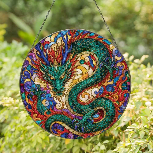 East Asian Dragon Stained Glass Mosaic for Lunar New Year Home Decor and Dragon Collectors Stained Glass Suncatcher