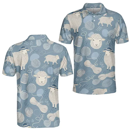 Dusty Blue Sheep Yarn And Thread Spool Motifs For Casual Golf And Tennis Outings Men's Polo Shirt