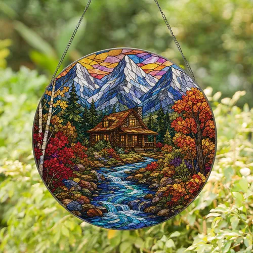 Stained Glass Mountain Cabin And Autumn Stream Wall Decor For Cozy Rustic Retreat Stained Glass Suncatcher