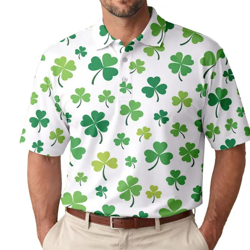 Green Lucky Clover Allover For St Patrick's Day Beach Trips And Casual Summer Wear Men's Polo Shirt