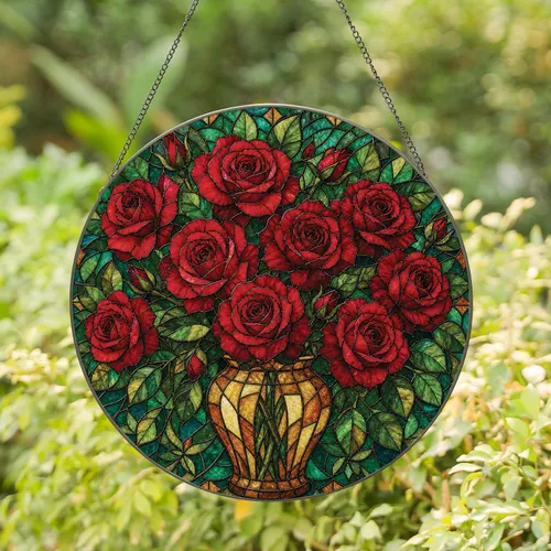Red Rose Bouquet Stained Glass Window Decor for Mother's Day, Garden and Housewarming Gifts Stained Glass Suncatcher