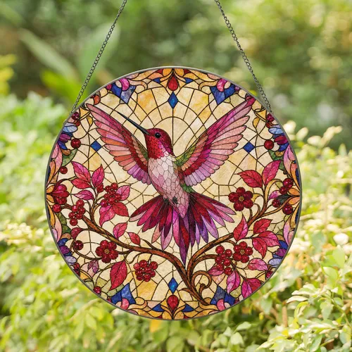 Stained Glass Ruby Throated Hummingbird Window Decor For Garden Lovers And Gift Giving Stained Glass Suncatcher