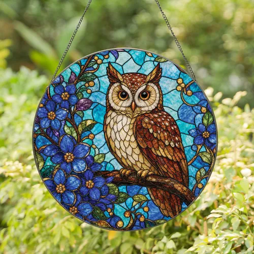 Tiffany Style Woodland Owl Stained Glass Window Decor for Garden Home Nature Lovers Stained Glass Suncatcher