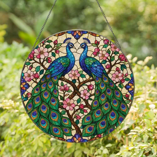 Stained Glass Peacock Pair Window Decor for Boho Garden Lovers and Housewarming Gifts Stained Glass Suncatcher