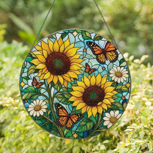 Stained Glass Sunflowers And Monarch Butterflies For Garden Windows And Nature Lovers Stained Glass Suncatcher