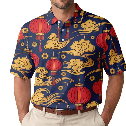 Chinese New Year Lanterns And Auspicious Gold Clouds For Lunar Festival Celebrations Men's Polo Shirt