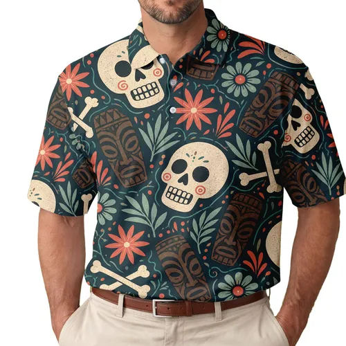 Day Of The Dead Skulls And Tropical Florals For Beach Trips And Festival Outfits Men's Polo Shirt
