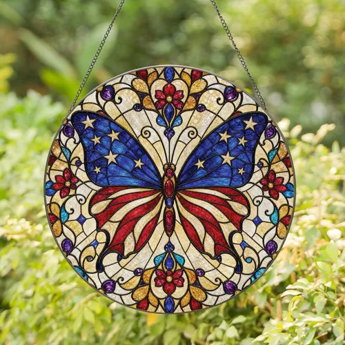 Patriotic Stained Glass Butterfly Window Decor For July Fourth Home Party Displays Stained Glass Suncatcher