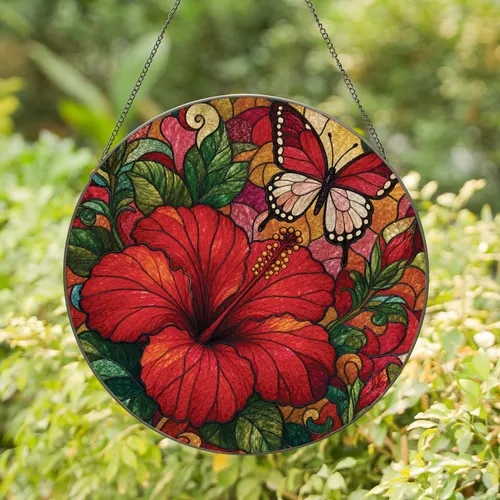 Red Hibiscus Butterfly Stained Glass Window Decor for Garden Lovers and Housewarmings Stained Glass Suncatcher