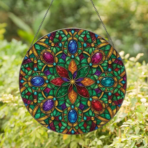 Tiffany Style Stained Glass Floral Rosette Hanging Window Decor for Boho Home Gift Stained Glass Suncatcher