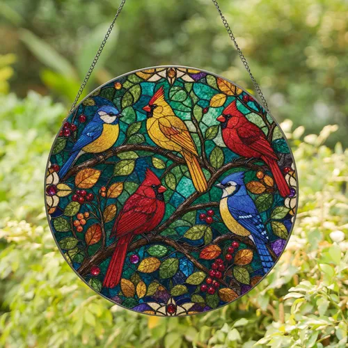 Stained Glass Cardinal And Blue Jay Birds For Woodland Window Decor Bird Lovers Gift Stained Glass Suncatcher