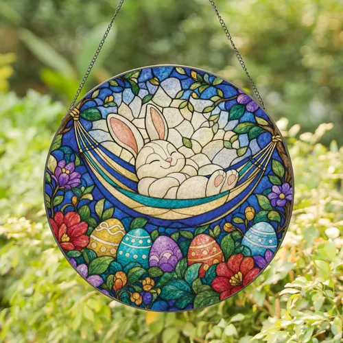 Stained Glass Bunny In Hammock With Easter Eggs For Spring Seasonal Window Decor Stained Glass Suncatcher