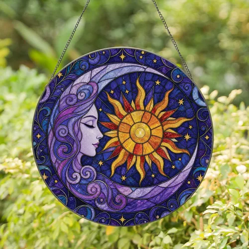 Tiffany Style Sun And Moon Stained Glass Celestial Window Decor For Lunar Enthusiasts Stained Glass Suncatcher