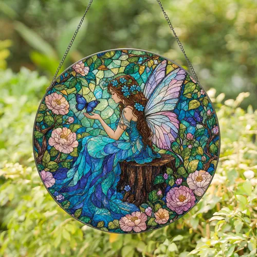 Stained Glass Flower Fairy With Butterflies For Enchanted Garden Home Window Decor Stained Glass Suncatcher