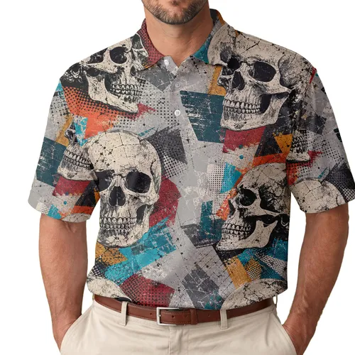 Distressed Colorful Skull Collage For Streetwear Festivals And Alternative Style Fans Men's Polo Shirt