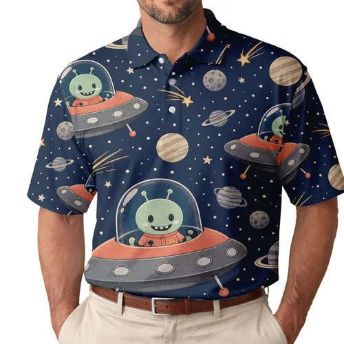 Retro Alien Spaceships and Planets for Beach Vacations, Parties and Casual Outings Men's Polo Shirt