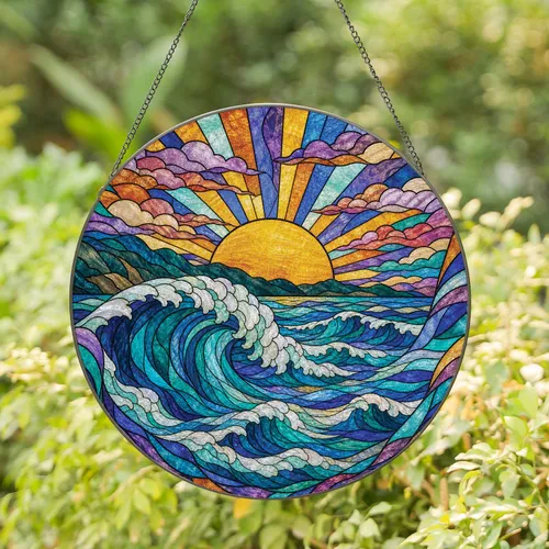 Stained Glass Ocean Wave Sunrise Window Decor for Coastal Homes and Beach Lovers Stained Glass Suncatcher
