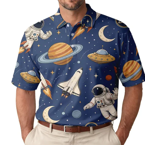 Retro Astronaut Rockets And Ringed Planets For Space Fans Casual Weekend Outings Men's Polo Shirt