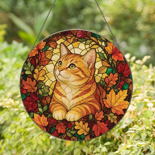 Orange Tabby Kitten Autumn Leaves Window Decor Gift For Cat Lovers Stained Glass Suncatcher
